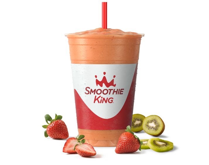 A Smoothie King Strawberry Kiwi Breeze smoothie with seasonal fall fruits